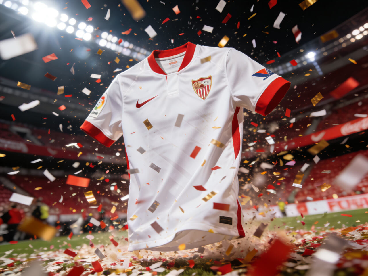 A Sevilla jersey shown in a celebratory, dynamic setting, like confetti raining down.