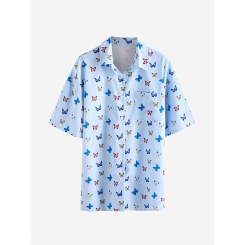Drop Shoulder Butterfly Print Pocket Shirt MU6305