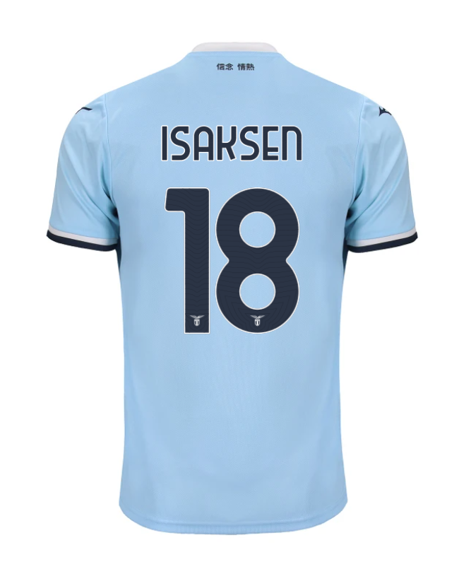 Lazio's 24-25 Home Jersey featuring ISAKSEN with the number 18