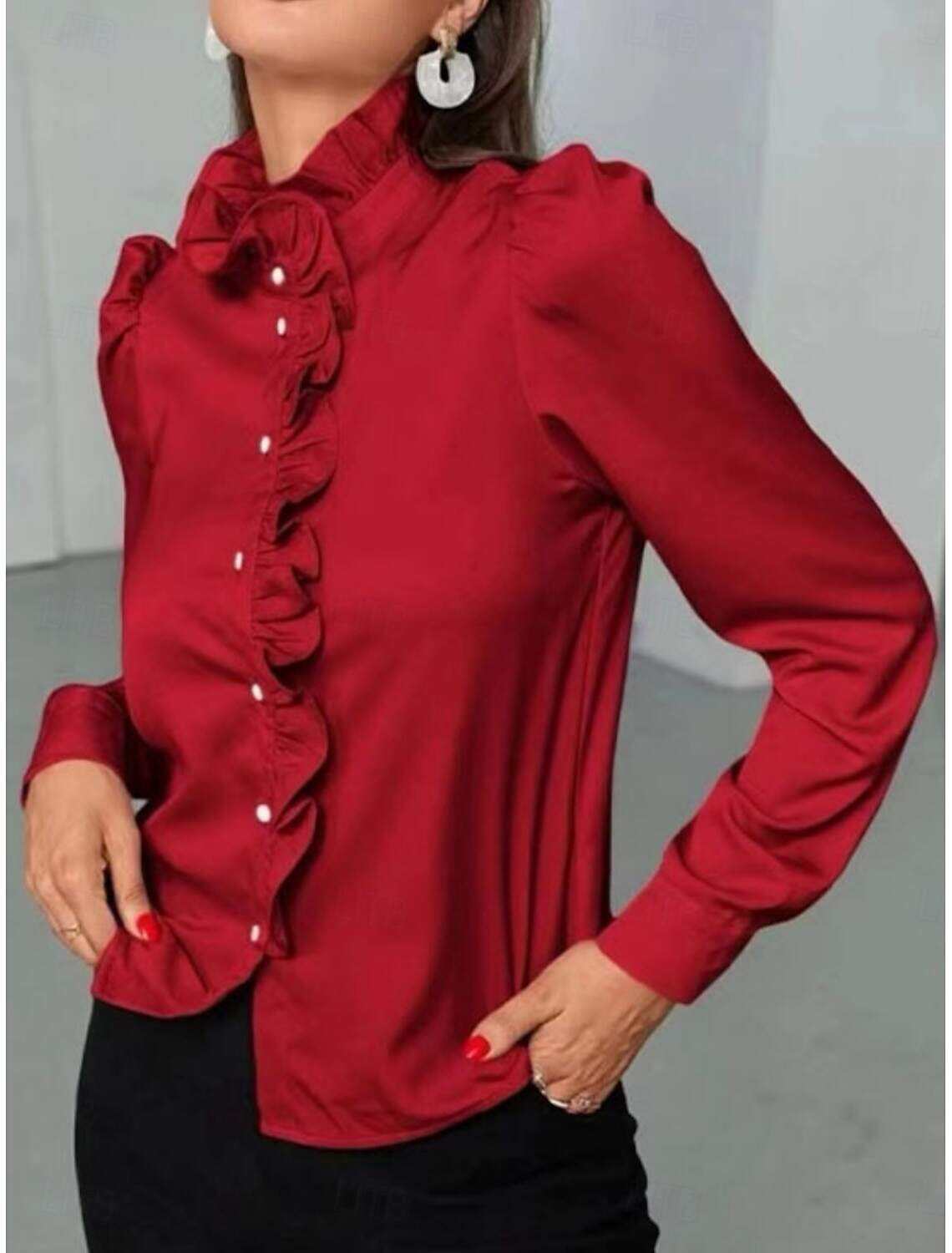 Women's Shirt Blouse Business Modern Casual Solid Color Regular Tops Long Sleeve Turtleneck Ruffle Buttons Regular Fit Work Formal Wear Summer Spring