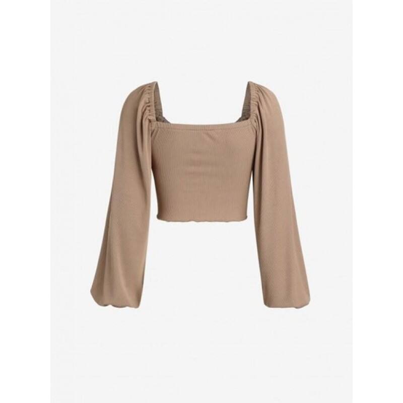 Ribbed Lantern Sleeve Crop T Shirt XY1311