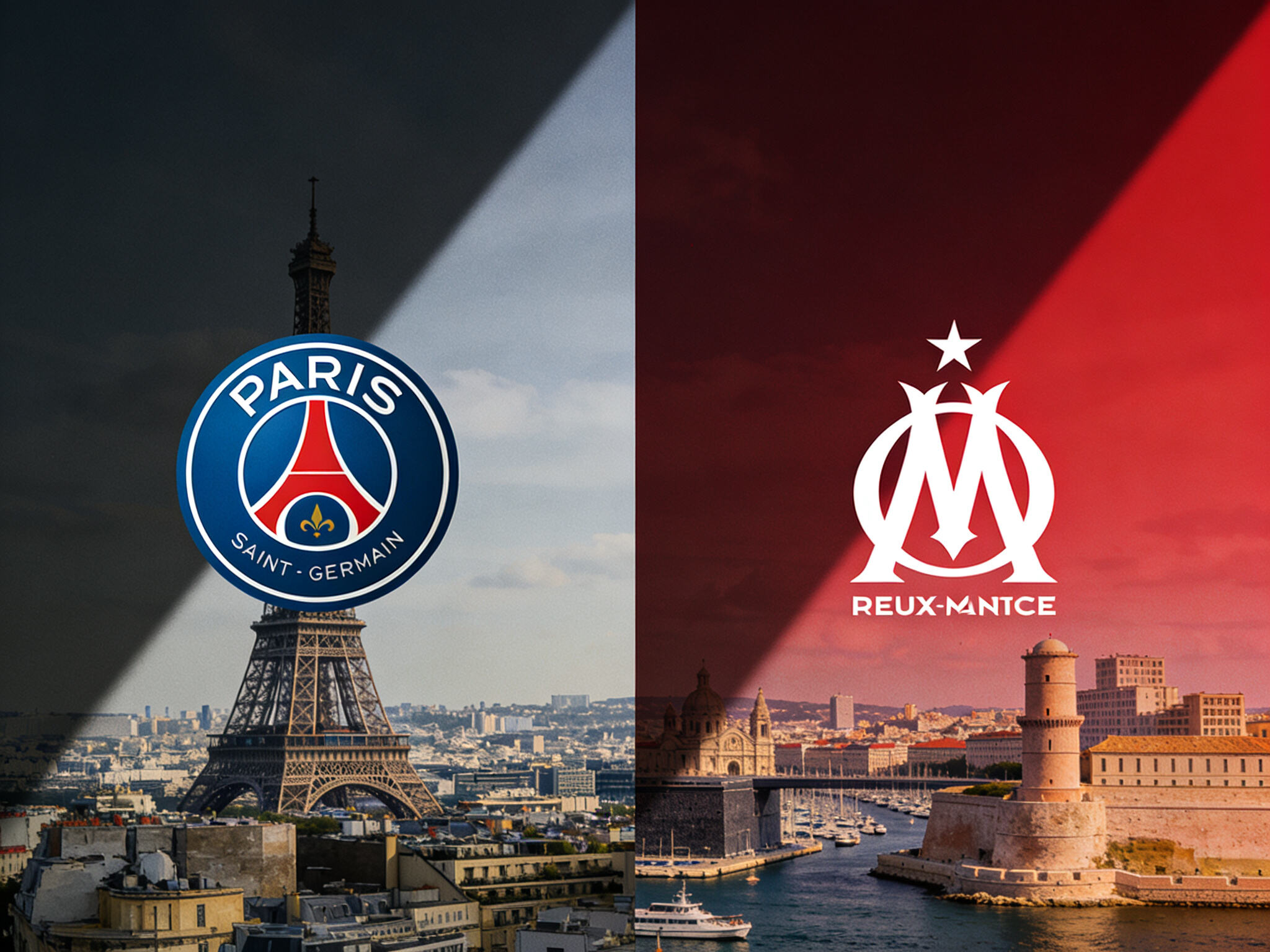 A dramatic split-screen graphic. Left side: The PSG crest against a Parisian skyline (Eiffel Tower). Right side: The OM crest against the Old Port of Marseille (Vieux-Port).