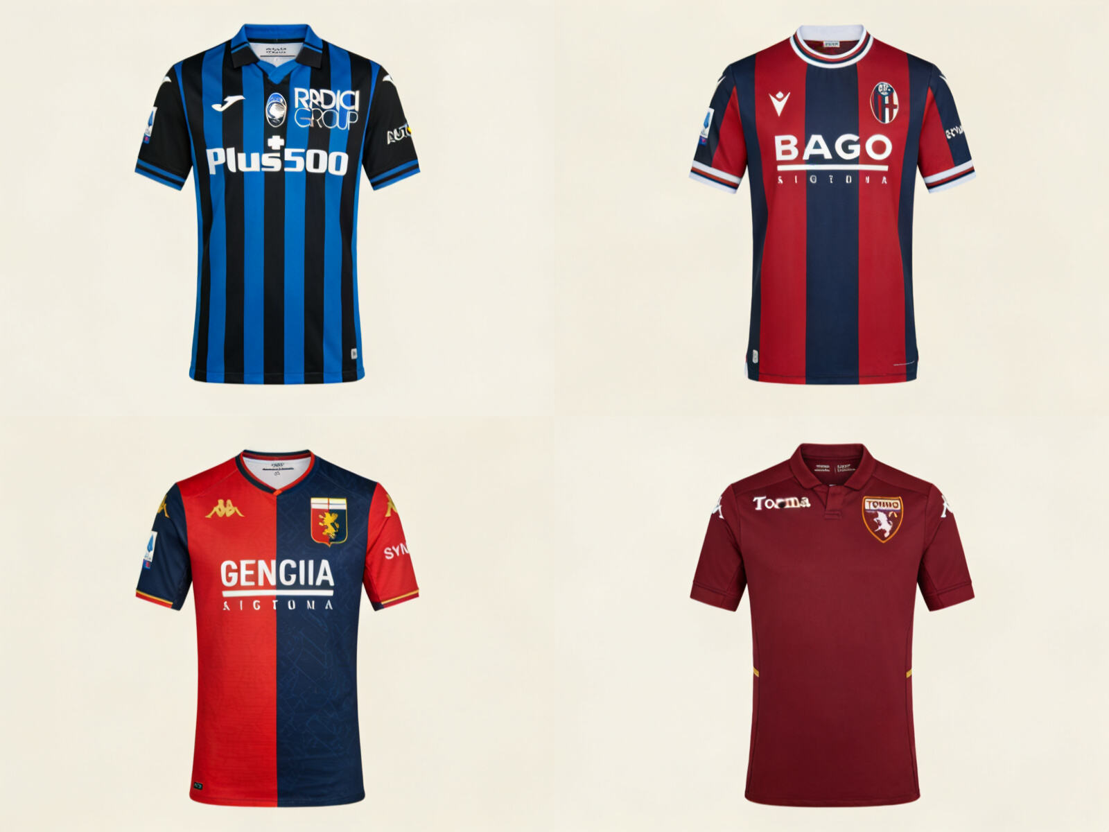 Collection of unique Serie A underdog jerseys including Atalanta black-blue, Bologna red-blue stripes, Genoa half-red half-blue, and Torino maroon kits on display
