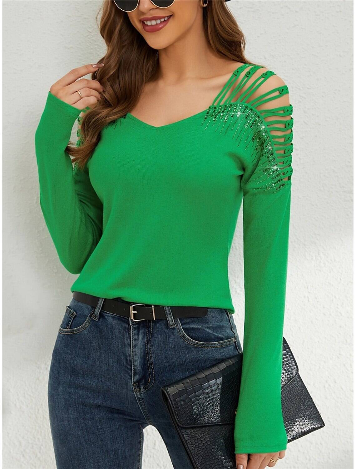 Women's T Shirt Fashion Modern Casual Plain Regular Tops Long Sleeve V Neck Patchwork Cut Out Regular Fit Daily Weekend Fall