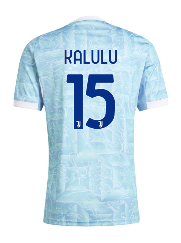 The away jersey for Juventus during the 25-26 season, featuring the name KALULU and the number 15.
