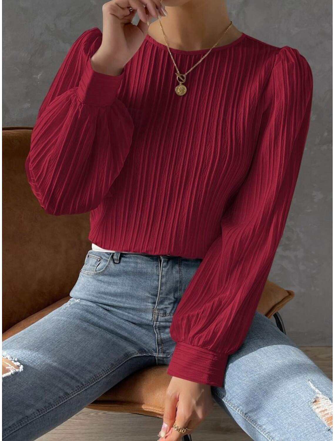 Women's Tunic Elegant Casual Solid Color Lantern Sleeve Long Sleeve Regular Tops Crew Neck Daily Spring Fall
