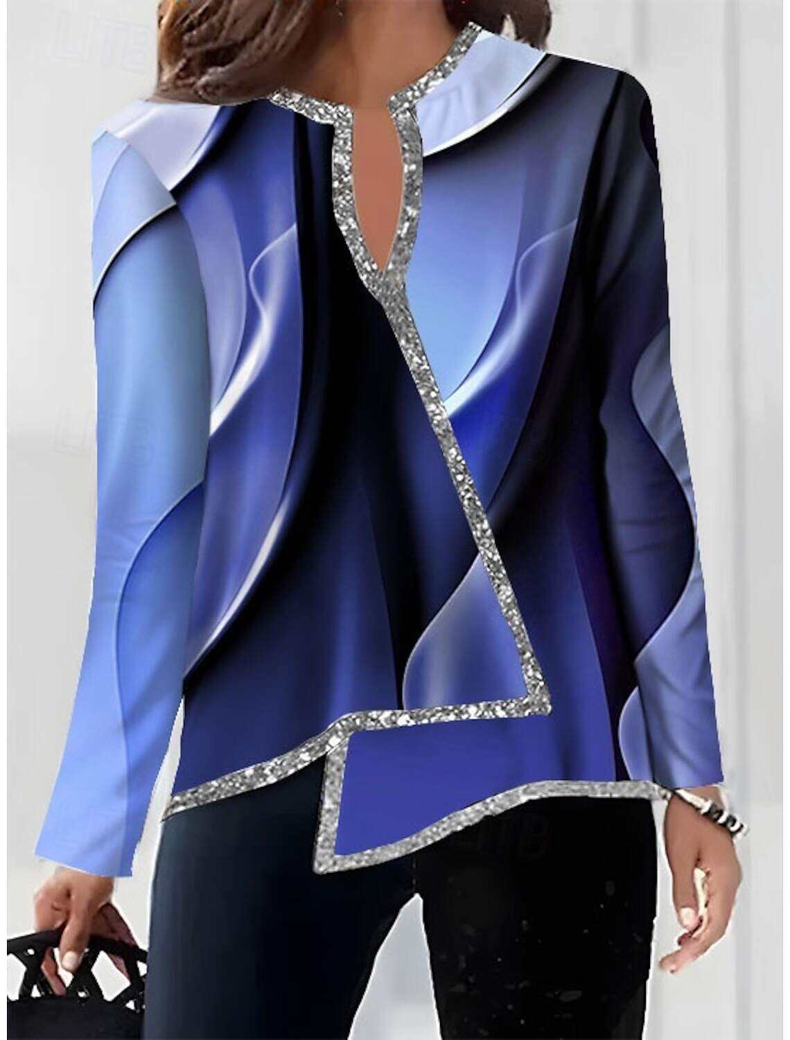 Women's Shirt Blouse Fashion Print Asymmetric Hem Long Sleeve Regular Tops V Neck Casual Fall & Winter