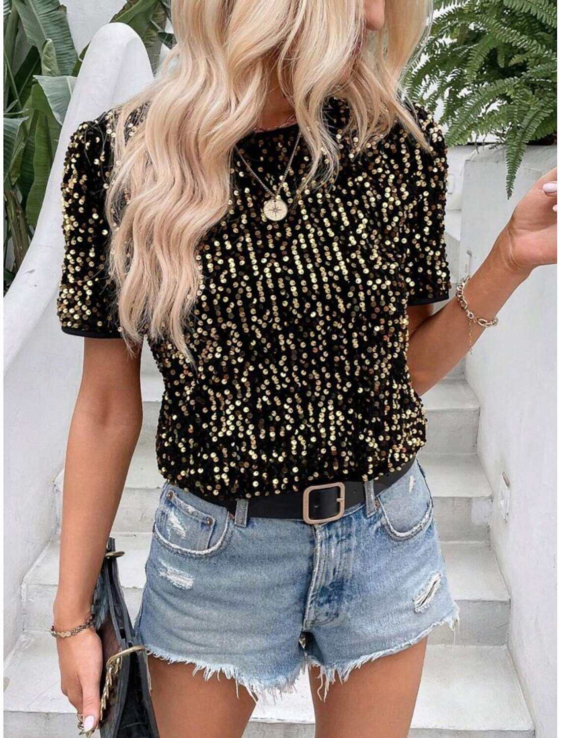 Women's T Shirt Fashion Modern Casual Plain Regular Tops Short Sleeve Crew Neck Sequins Regular Fit Daily Weekend Summer Spring