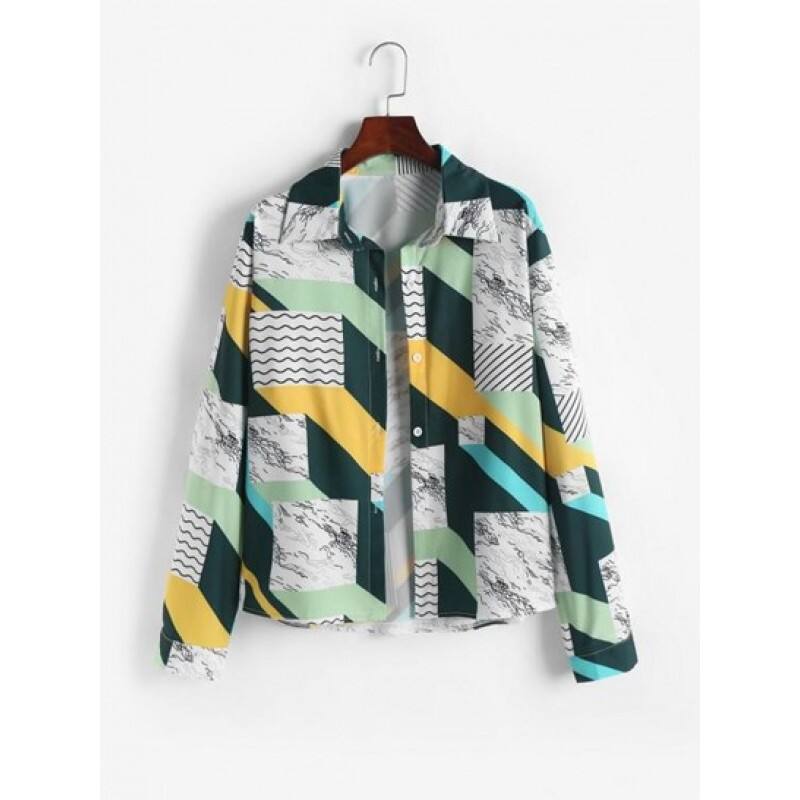 Geo Stripes Printed Button Down Shirt UW6736