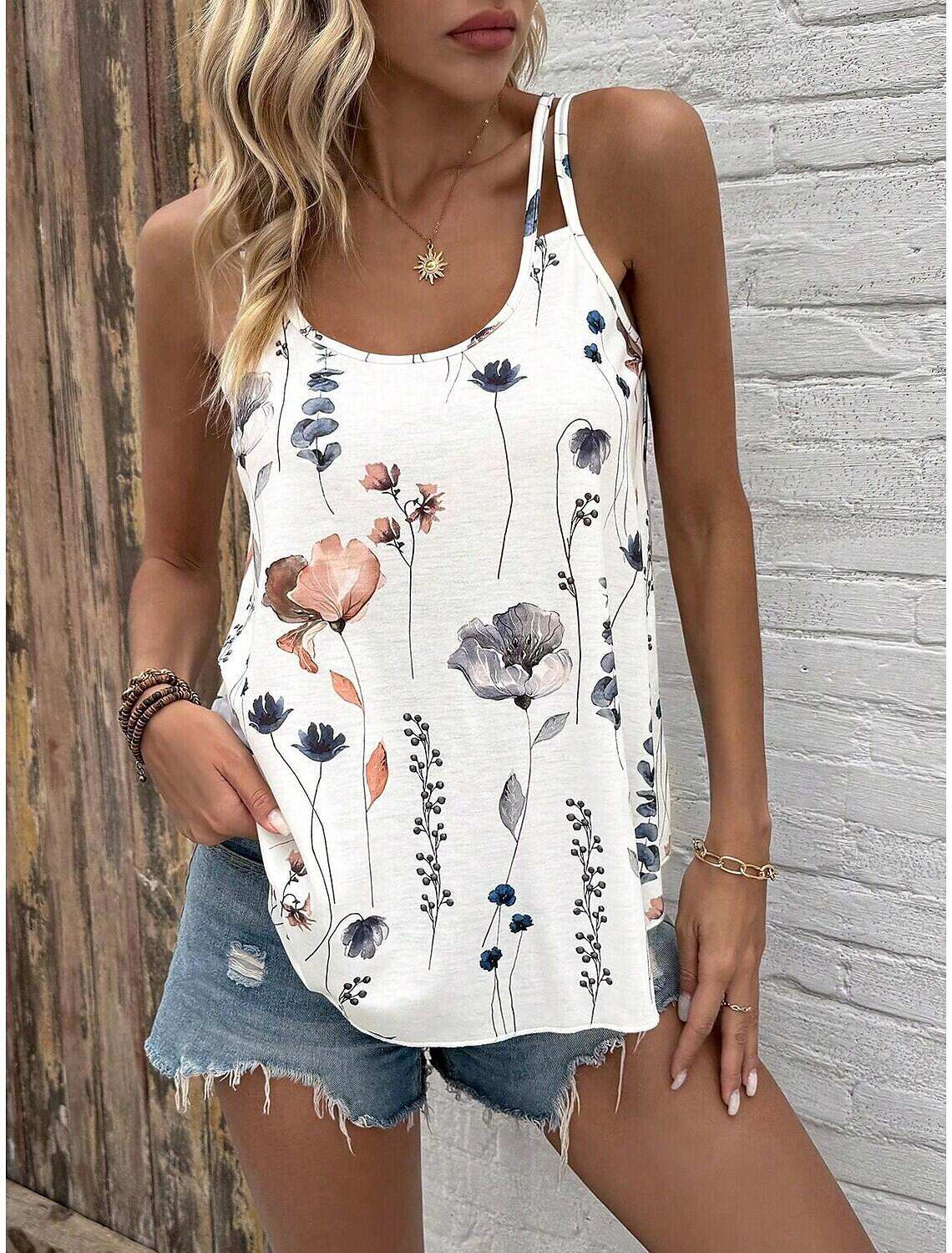 Women's Floral Print Tank Top Pink Blue Sleeveless Adjustable Straps Casual Summer Beachwear Flowy Loose Fit