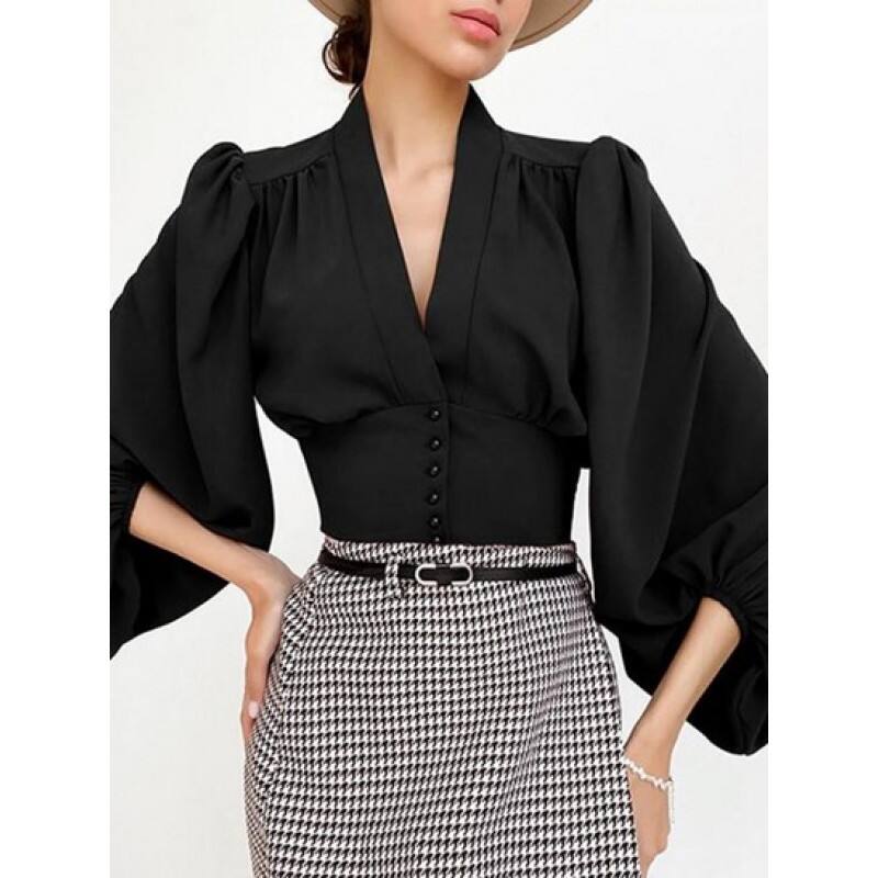 Lantern Sleeve Button Up Crop Corset Blouse RC2736