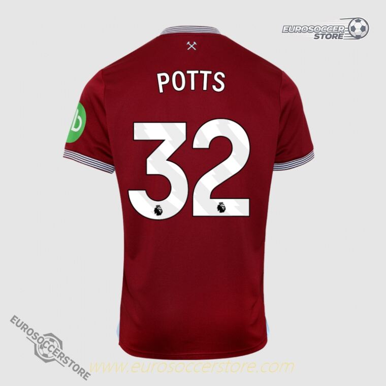 West Ham United's 25-26 Season Home Jersey Featuring POTTS with Number 32