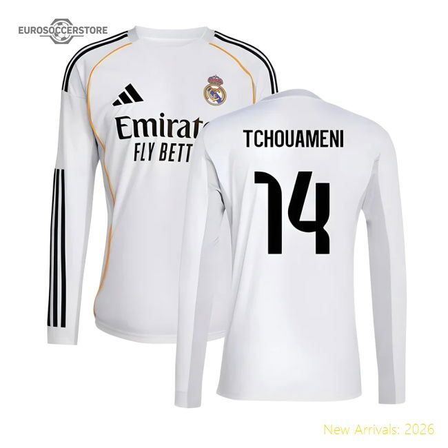 2025-2026 Real Madrid Long Sleeve Home Jersey (tchouameni 14)