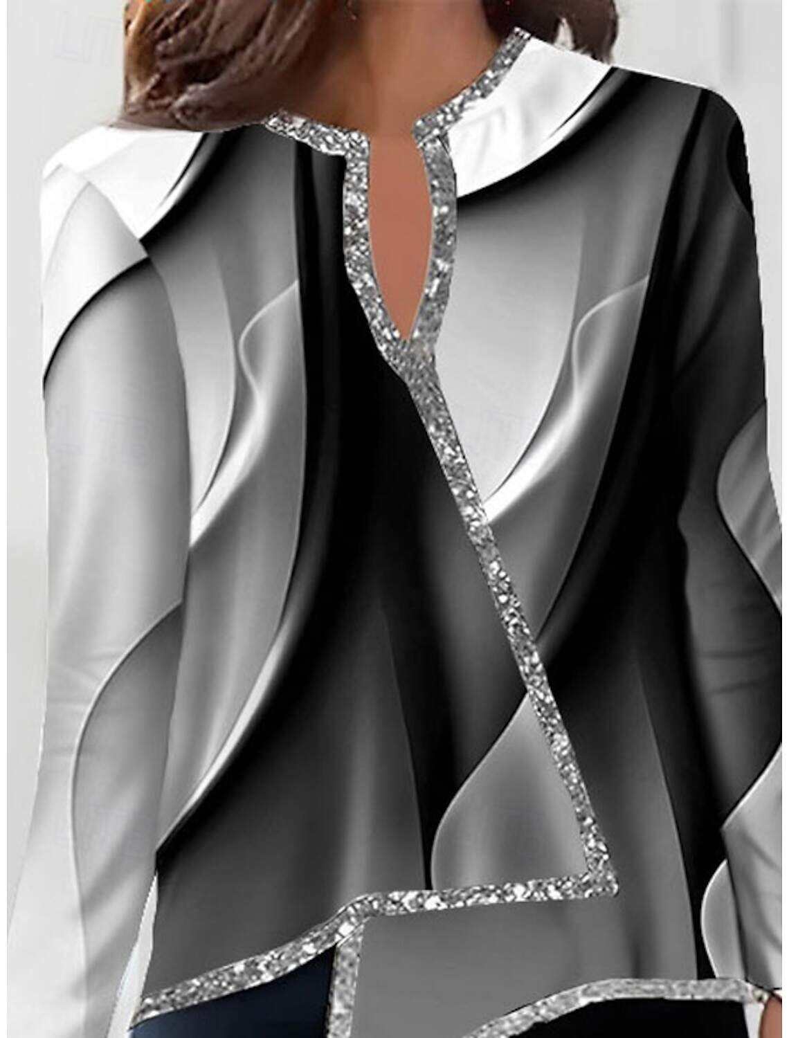 Women's Shirt Blouse Fashion Print Asymmetric Hem Long Sleeve Regular Tops V Neck Casual Fall & Winter