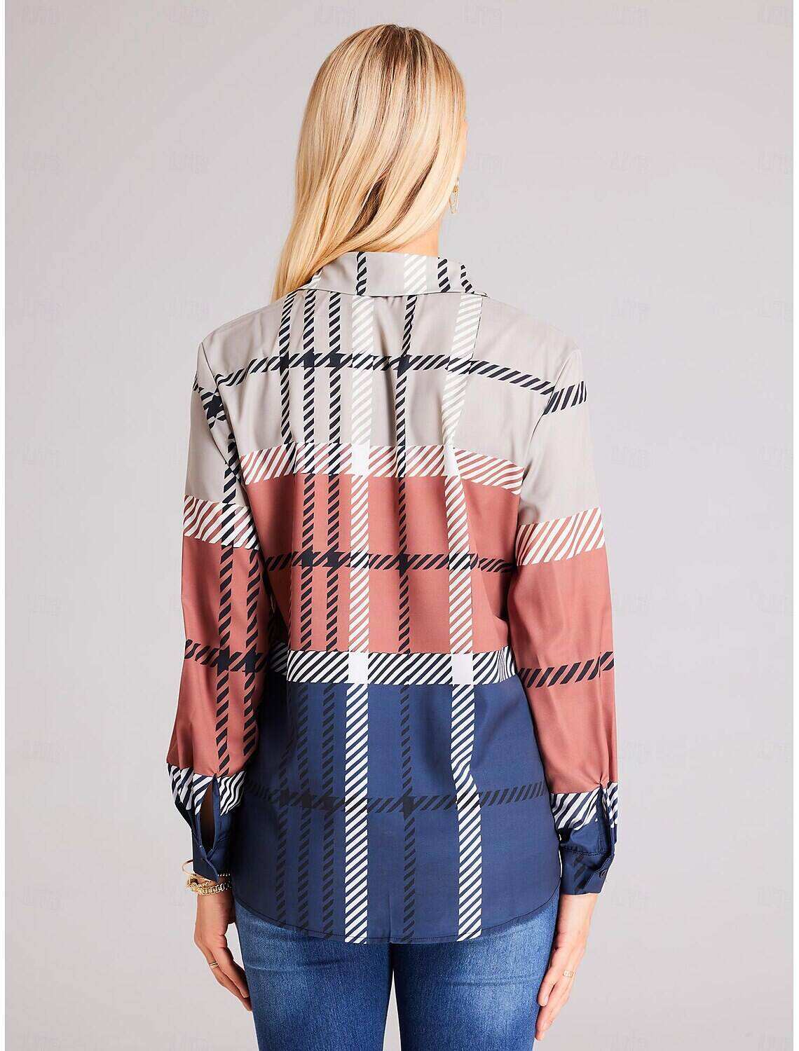 Women's Shirt Blouse Fashion Plaid Buttons Print Long Sleeve Regular Tops Shirt Collar Casual Spring & Fall
