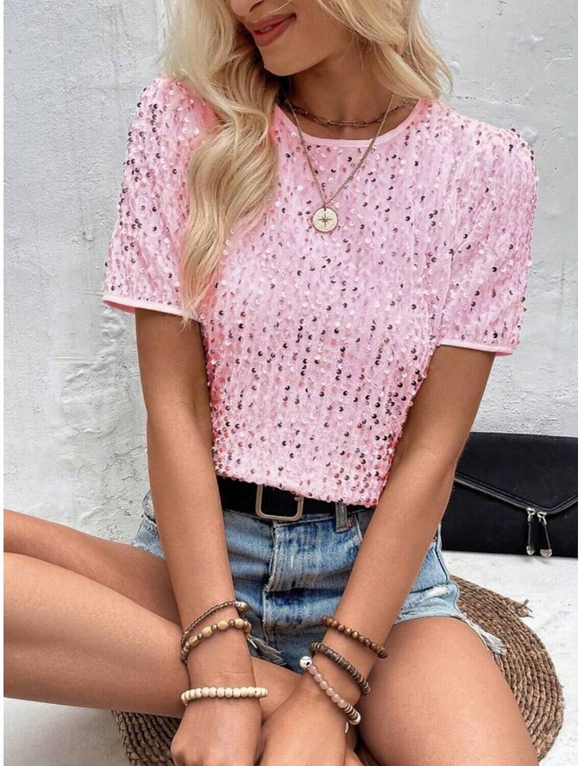 Women's T Shirt Fashion Modern Casual Plain Regular Tops Short Sleeve Crew Neck Sequins Regular Fit Daily Weekend Summer Spring