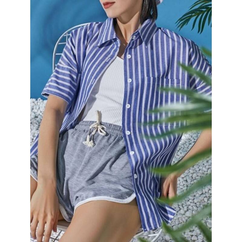 Vertical Stripes Front Pockets Button Down Shirt WQ1326