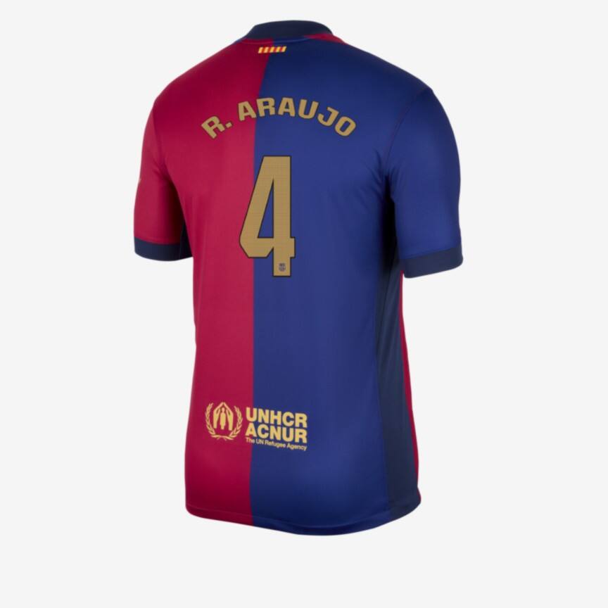 Barcelona's 24-25 Home Jersey featuring R. ARAUJO with the number 4