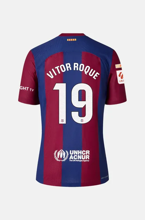Barcelona's VITOR ROQUE 19 Home Jersey for the 23-24 season.