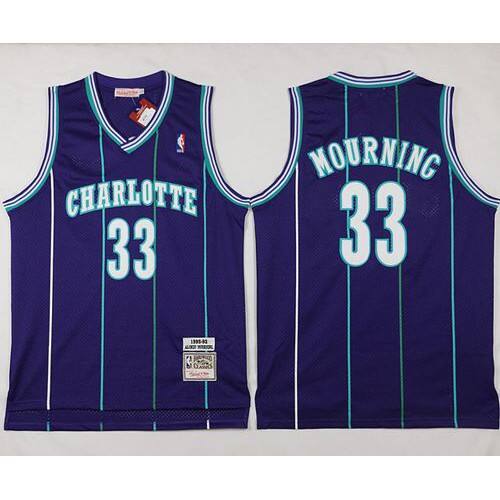 Mitchell And Ness Charlotte Hornets #33 Alonzo Mourning Purple Throwback Stitched NBA Jersey Mens