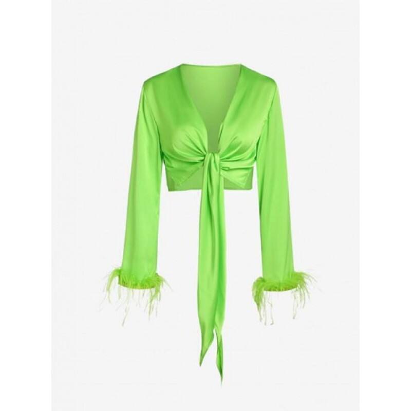 Feather Cuffs Tie Front Slit Crop Blouse LD1795