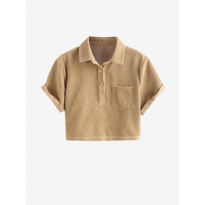 Button Front Corduroy Collared Cropped Top GO9042