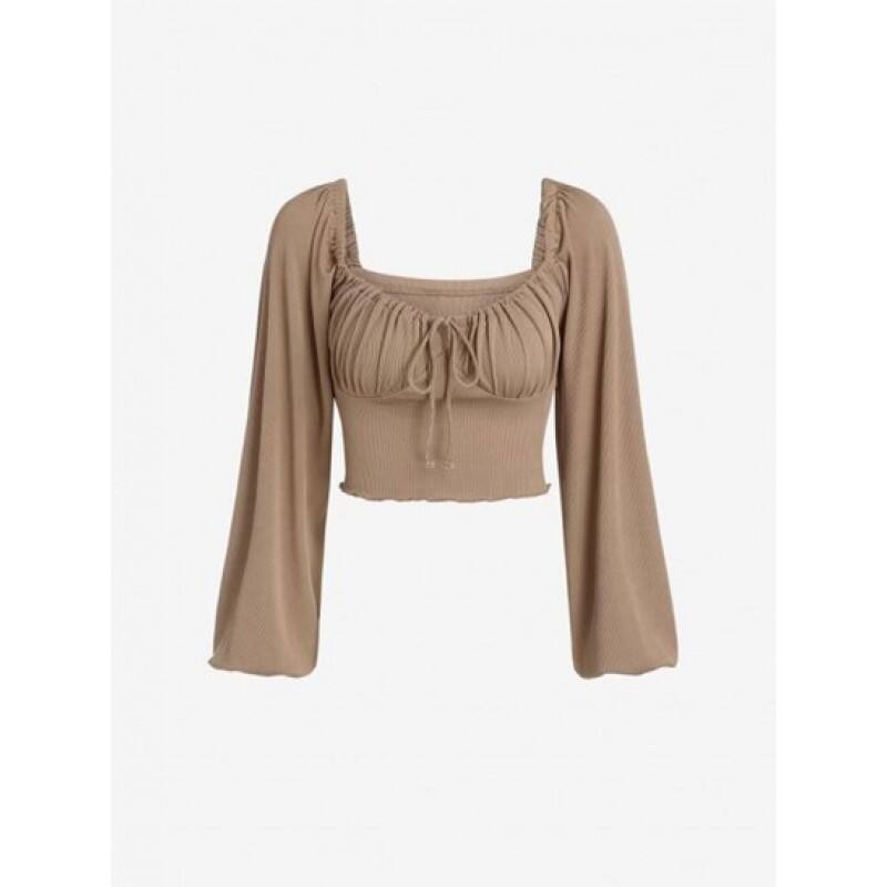 Ribbed Lantern Sleeve Crop T Shirt XY1311