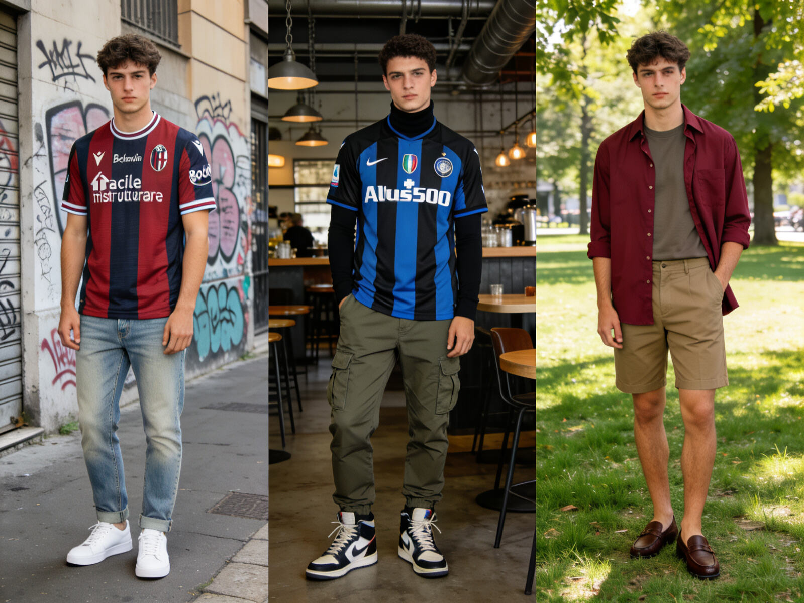 Three ways to style underdog Serie A kits: casual with jeans, streetwear layered look, and smart-casual with shorts