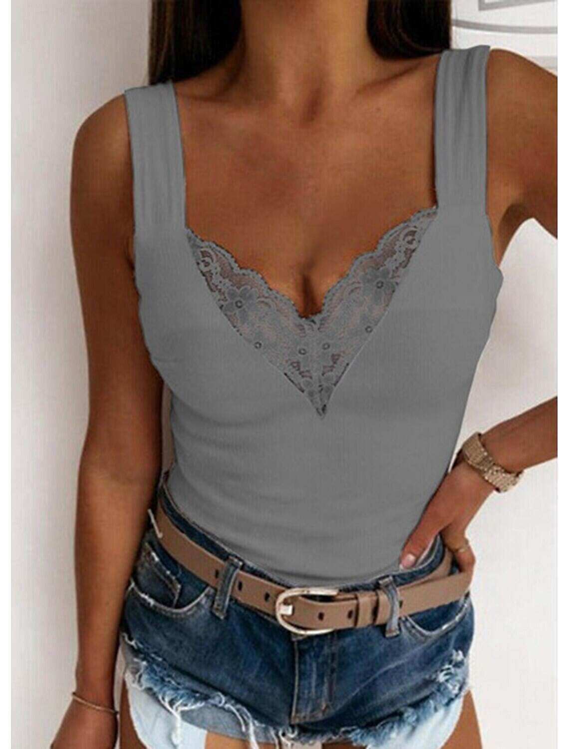 Women's Tank Top Going Out Tops Camis Concert Tops Plain Patchwork Lace Trims Sleeveless Party Daily Basic Sexy Sweetheart Regular S