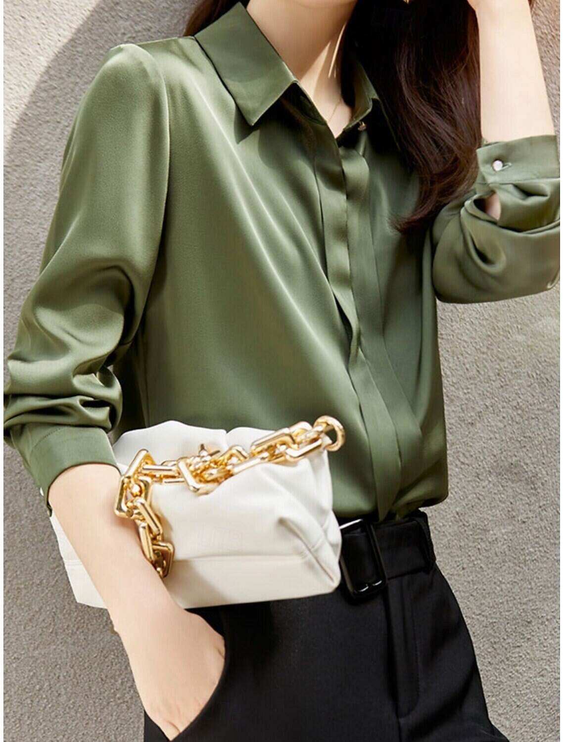 Women's Shirt Blouse Basic Casual Solid Color Regular Tops Long Sleeve Shirt Collar Buttons Regular Fit Daily Fall Winter