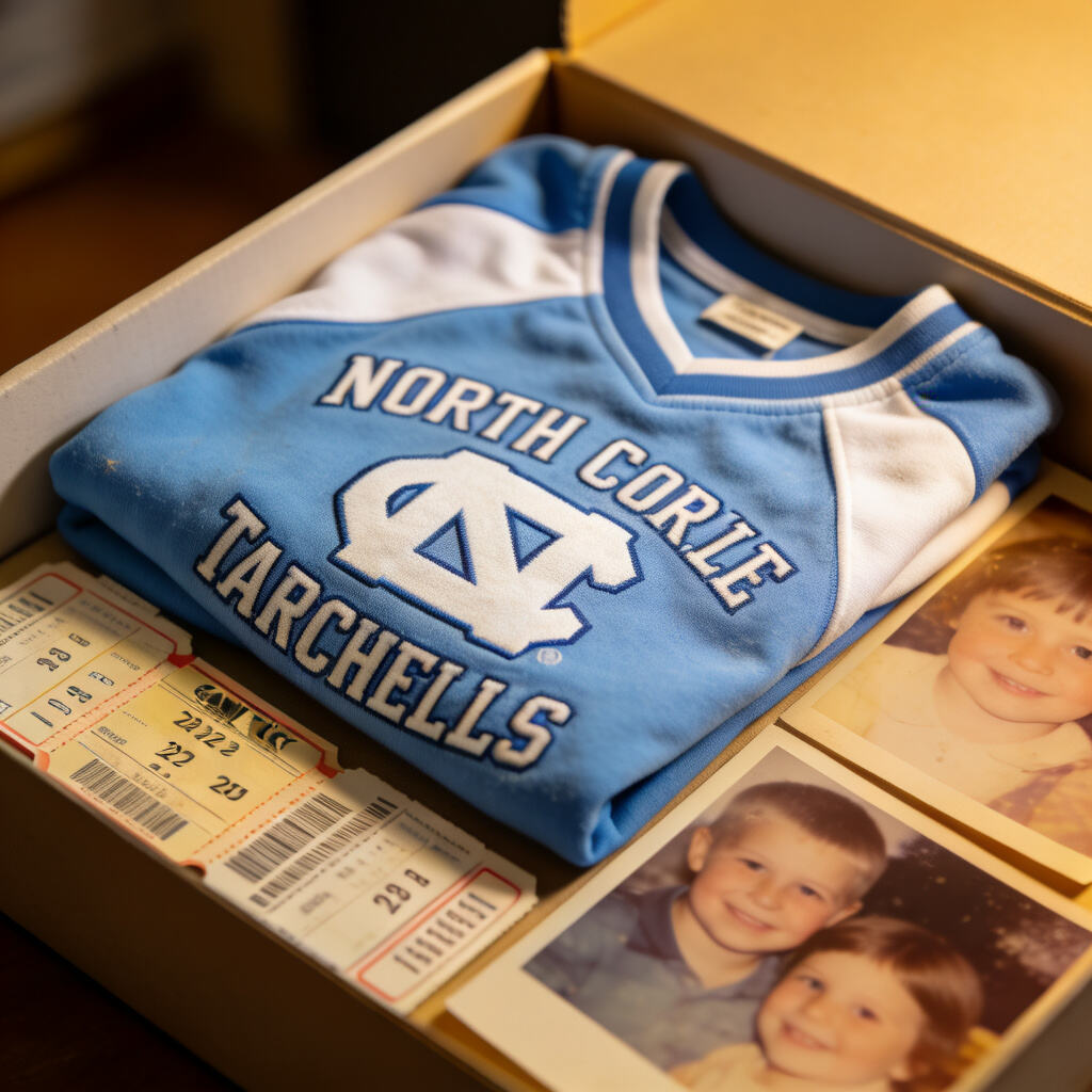 Sentimental keepsake memory box featuring a gently worn childhood NCAA jersey, folded next old ticket stubs and family photos.