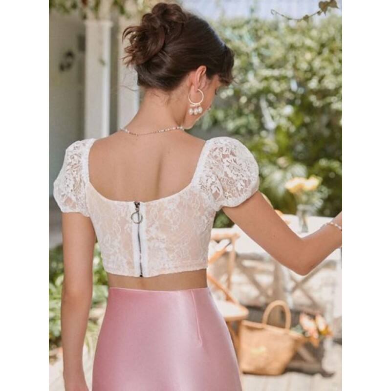 Lace Insert Puff Sleeve Crop Corset Top IN5305