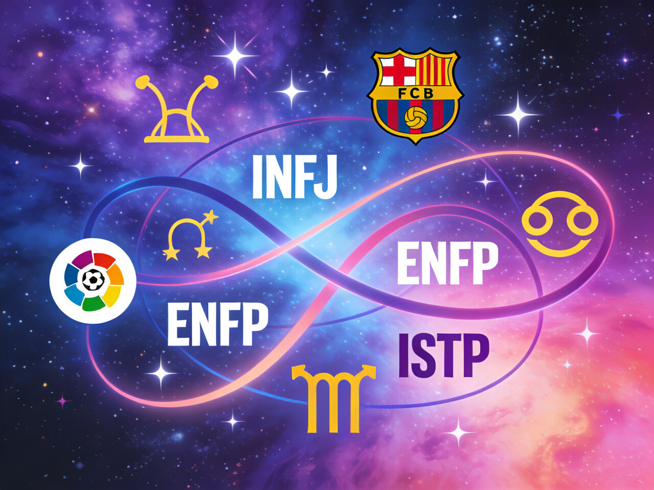 A dynamic, stylish graphic featuring zodiac symbols intertwined with La Liga club crests and MBTI type letters.