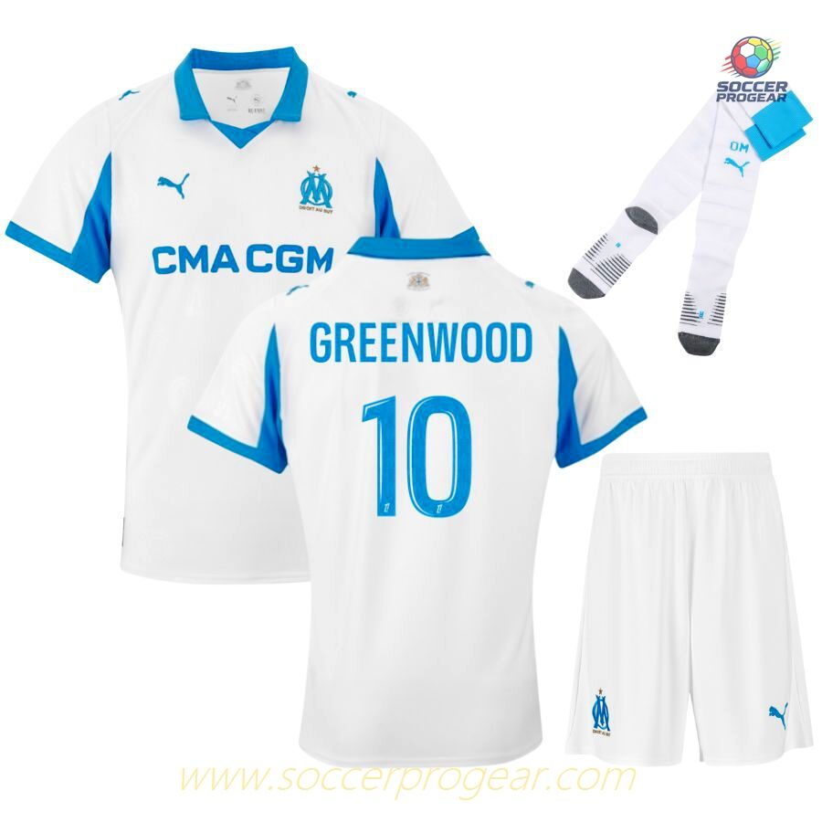 OM French Ligue 1 Home Children Soccer Uniform Football Jersey 2025-26 Edition Greenwood