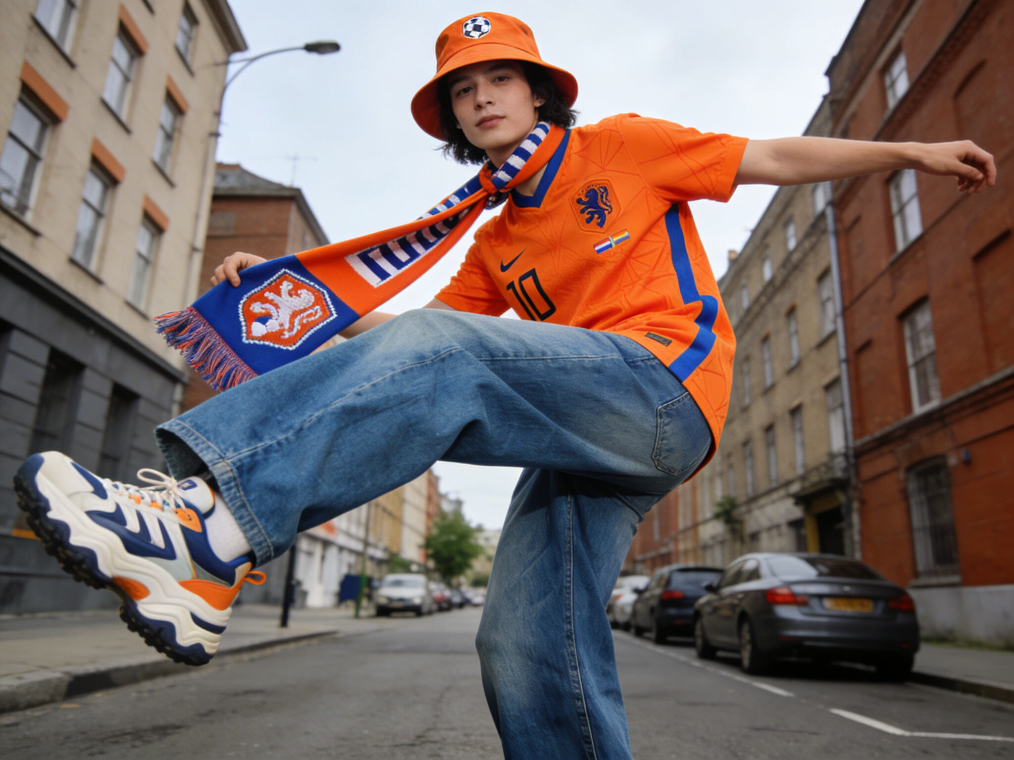 A dynamic street-style shot featuring the iconic orange Netherlands jersey paired with oversized blue jeans, chunky sneakers, and a bucket hat, with a football scarf accessory.