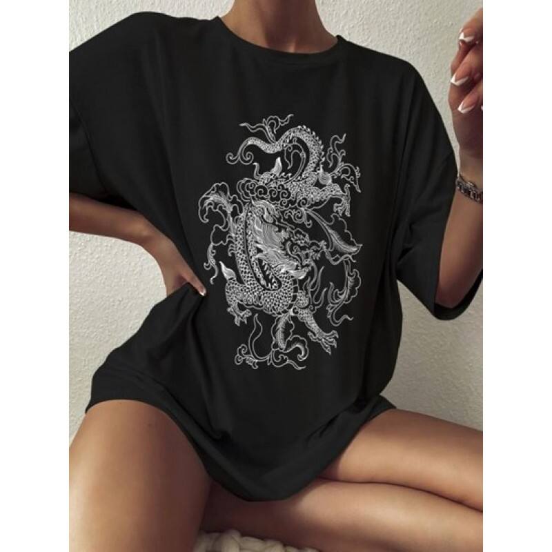 Drop Shoulder Oriental Dragon Print T Shirt SK2580