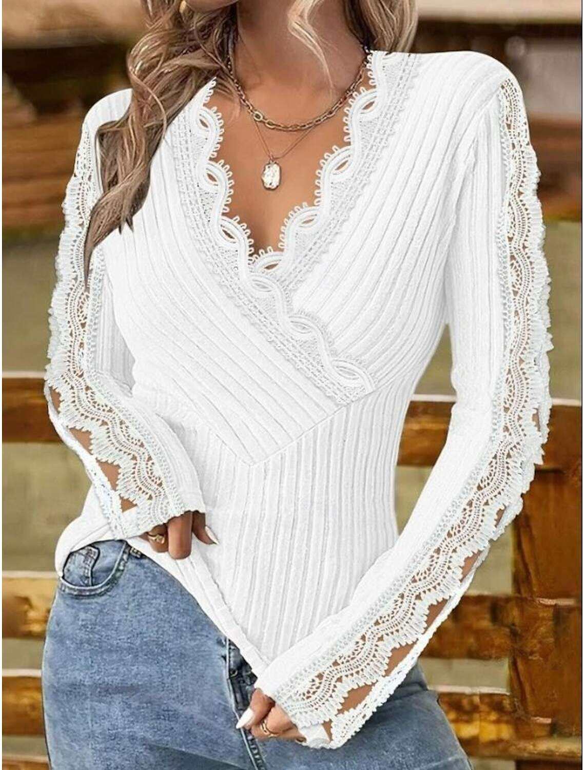 Women's Elegant Lace Tops Eyelet Blouse Stylish Modern Lace Long Sleeve Regular Tops V Neck Work Daily Romantic Petite Tops Summer Holiday Wear Red Light Grey Spring Fall