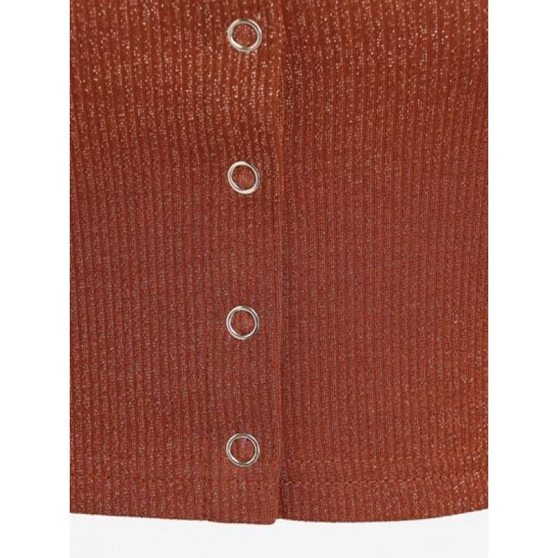 Snap Button Cropped Metallic Ribbed Tee KM5867