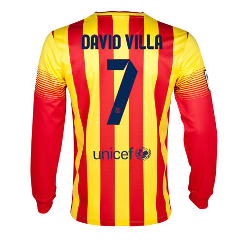 13-14 Barcelona 7 David Villa Away Long Sleeve Soccer Jersey Shirt -