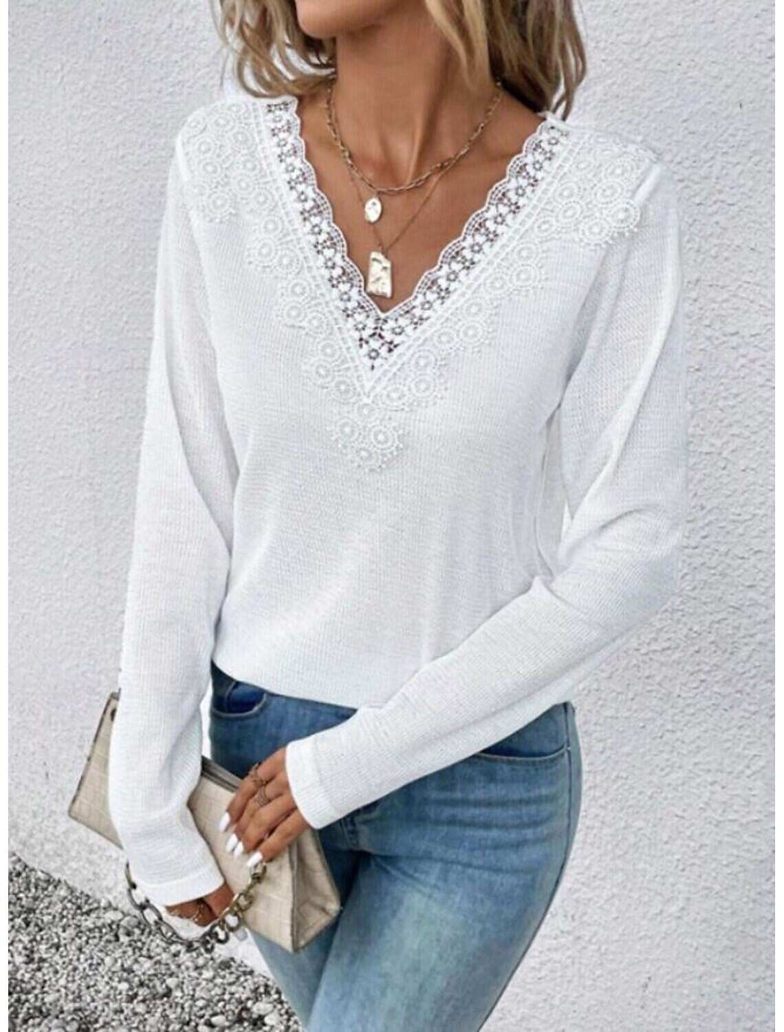 Women's Elegant Lace Tops Eyelet Blouse Casual Lace Long Sleeve Regular Tops V Neck Daily Romantic Petite Tops Summer Holiday Wear Spring Fall Semi Formal Blouses