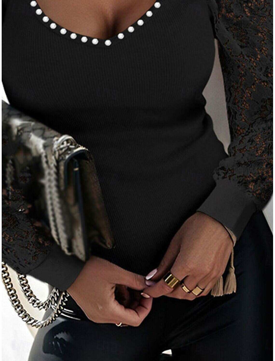 Women's Shirt Blouse Basic Casual Solid Color Regular Tops Long Sleeve Puff Sleeve Square Neck Lace Patchwork Beaded Regular Fit Daily Fall Winter