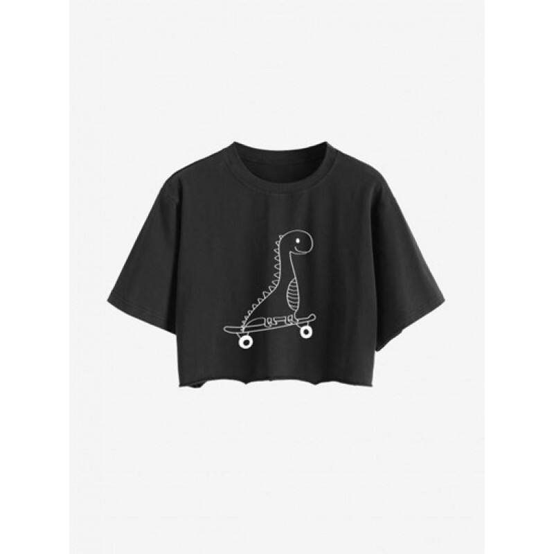 Raw Hem Dinosaur Skateboard Print Crop T Shirt XV2037