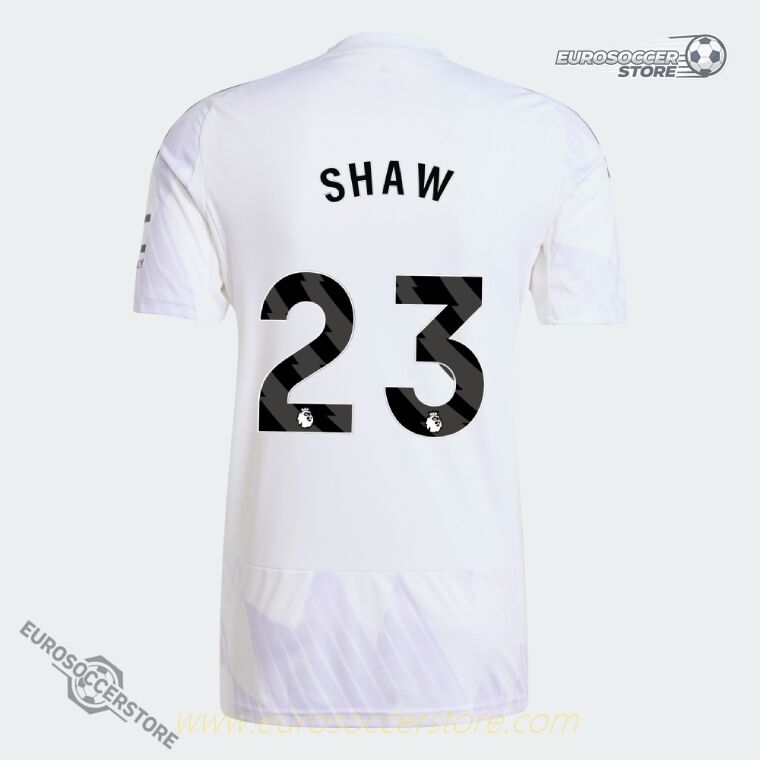 Away Jersey of Manchester United for the 25-26 season with SHAW 23 printed on it