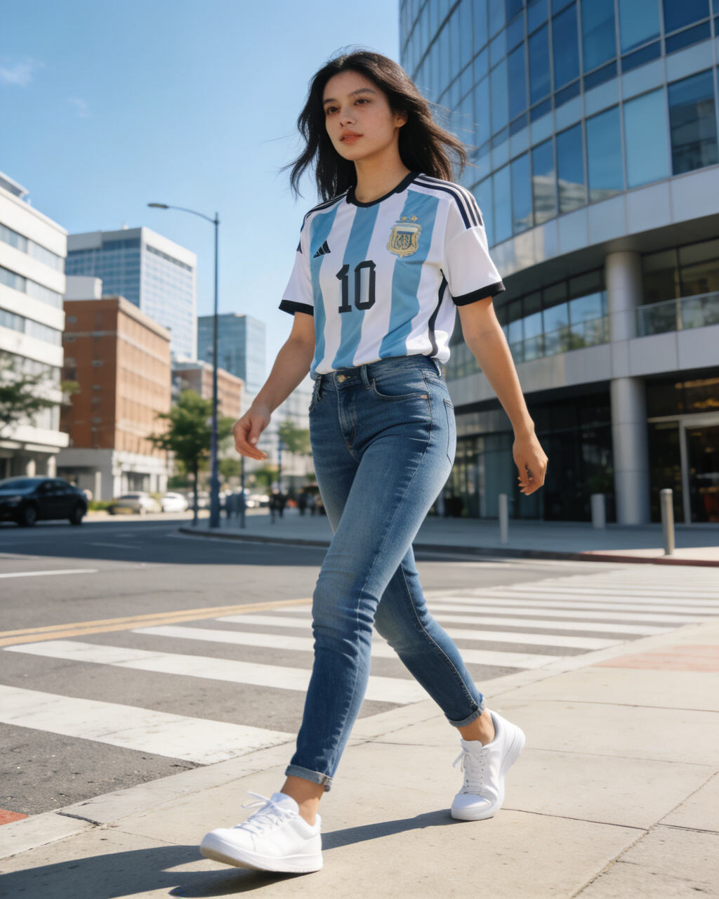 Soccer jersey fashion, modern street style, football shirt, casual wear, urban fashion, young woman, confidence, Argentina jersey, denim jeans, sneakers