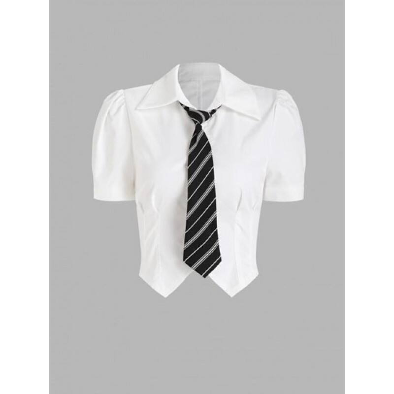 Short Puff Sleeves Slim Shirt With Striped Necktie VA8918