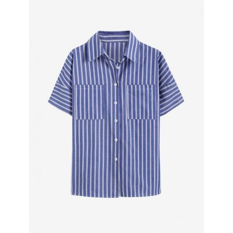 Vertical Stripes Front Pockets Button Down Shirt WQ1326