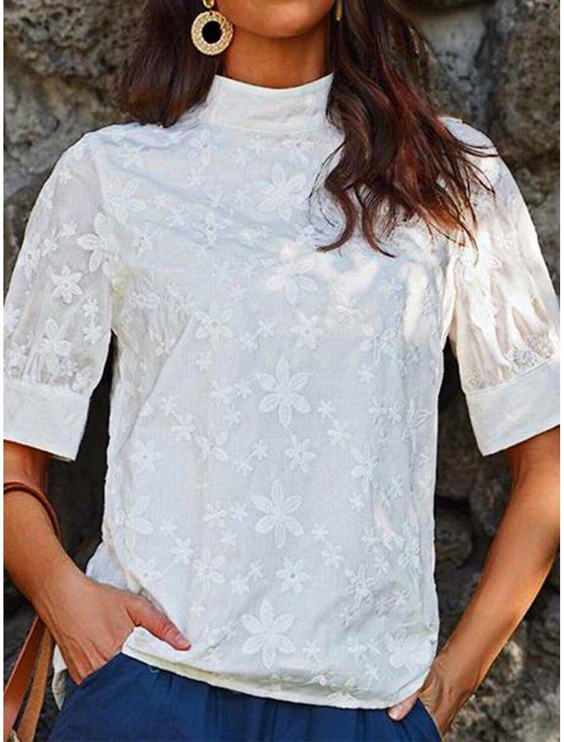 Women's Elegant Lace Tops Eyelet Blouse Turtleneck Dressy Tops Luxurious Floral Regular Tops Short Sleeve Embroidered Regular Fit Vacation Casual Romantic Petite Tops Summer Holiday Wear