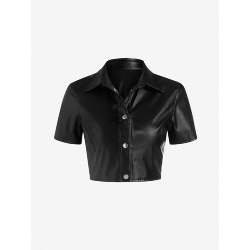 Snap Button Faux Leather Cropped Shirt DY3468