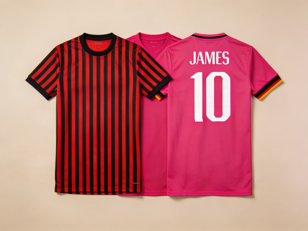 A clean, flat lay of three different style jerseys (one classic home, one bold away, one customized with a personal name) on a neutral background.