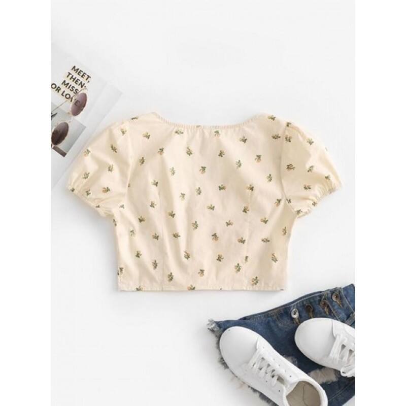 Puff Sleeve Ditsy Print Cropped Blouse QW4646